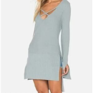 Free People Ribbed Knit Mini Dress Crisscross V-Neck Side Slits Sage Large